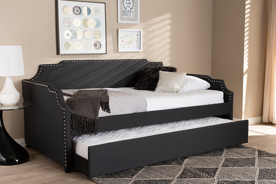Baxton Studio Ally Modern and Contemporary Charcoal Fabric Upholstered Twin Size Sofa Daybed with Roll Out Trundle Guest Bed | Modishstore | Beds
