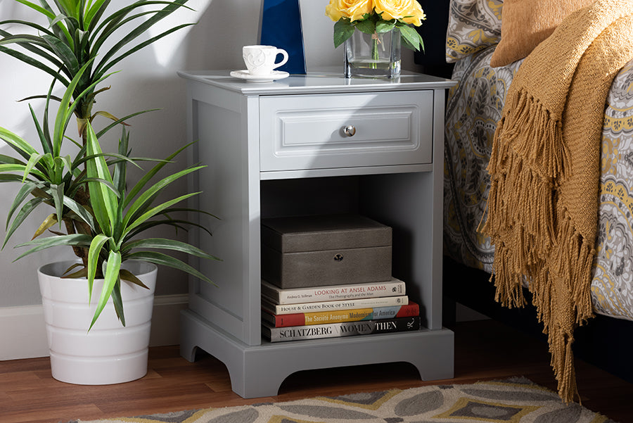 Baxton Studio Chase Modern Transitional Light Grey Finished 1-Drawer Wood Nightstand | Modishstore | Nightstands