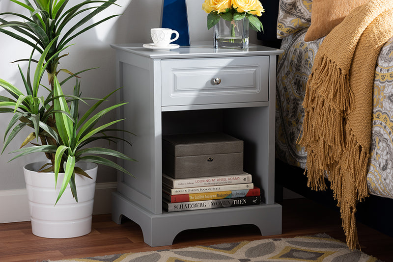 Baxton Studio Chase Modern Transitional Light Grey Finished 1-Drawer Wood Nightstand | Modishstore | Nightstands