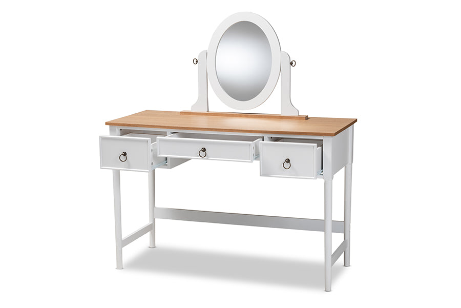 baxton studio sylvie classic and traditional white 3 drawer wood vanity table with mirror | Modish Furniture Store-3