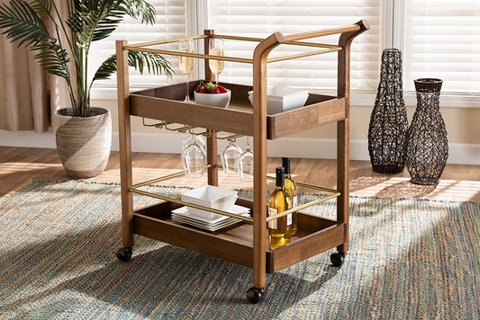 Baxton Studio Tahir Modern and Contemporary Walnut Brown Finished Wood and Antique Gold Finished Metal 2-Tier Mobile Bar Cart | Modishstore | Bar Carts