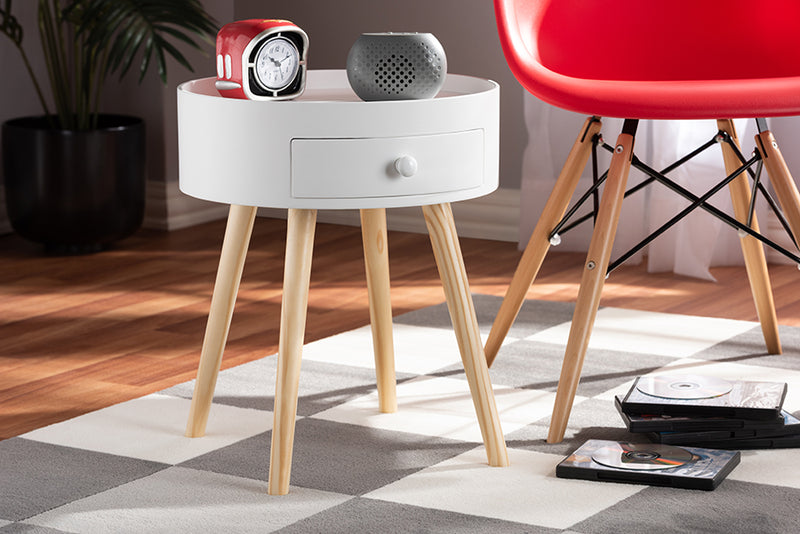 Baxton Studio Jessen Mid-Century Modern White 1-Drawer Wood Nightstand | Modishstore | Nightstands