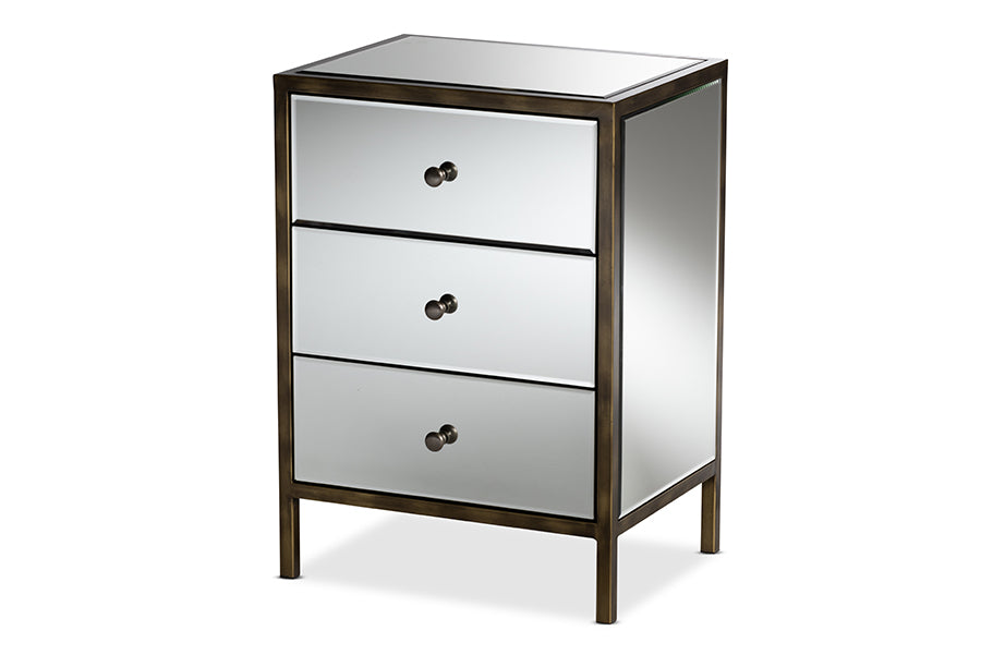 baxton studio nouria modern and contemporary hollywood regency glamour style mirrored three drawer nightstand bedside table | Modish Furniture Store-2