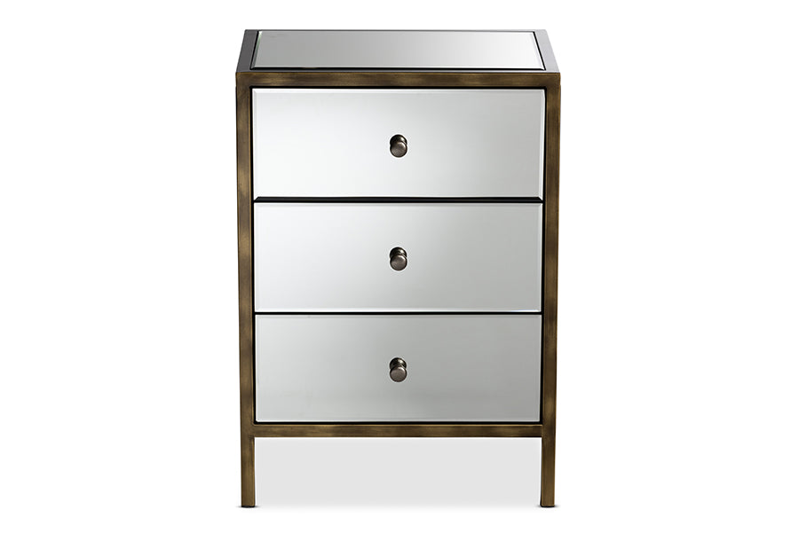 baxton studio nouria modern and contemporary hollywood regency glamour style mirrored three drawer nightstand bedside table | Modish Furniture Store-3