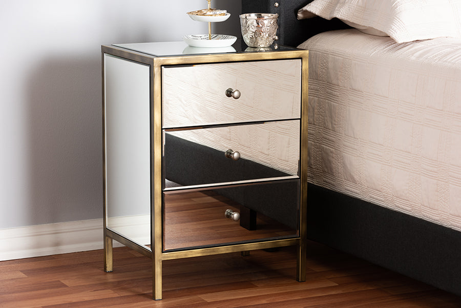Baxton Studio Nouria Modern and Contemporary Hollywood Regency Glamour Style Mirrored Three Drawer Nightstand Bedside Table | Modishstore | Beds