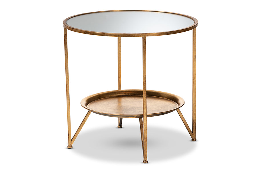 baxton studio tamsin modern and contemporary antique gold finished metal and mirrored glass accent table with tray shelf | Modish Furniture Store-2