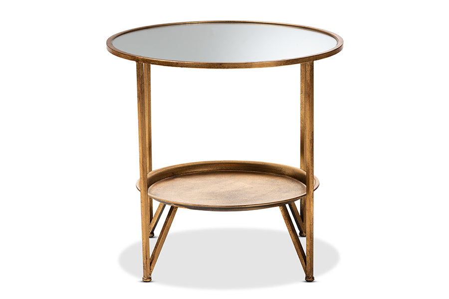 baxton studio tamsin modern and contemporary antique gold finished metal and mirrored glass accent table with tray shelf | Modish Furniture Store-3