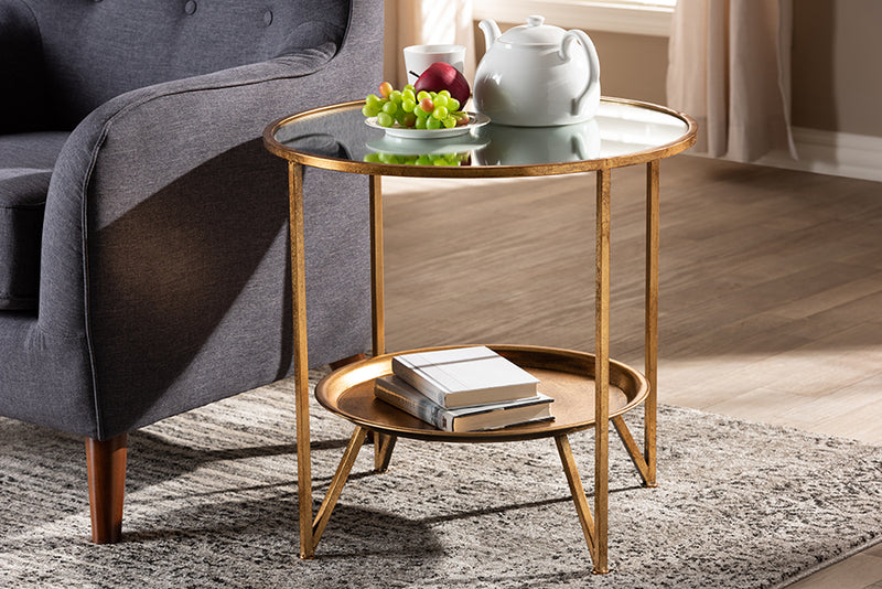 Baxton Studio Tamsin Modern and Contemporary Antique Gold Finished Metal and Mirrored Glass Accent Table with Tray Shelf | Modishstore | Accent Tables