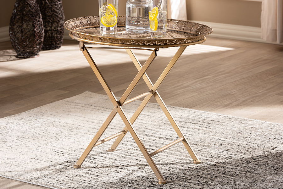 Baxton Studio Sabah Traditional Moroccan Inspired Matte Antique Gold Finished Metal Foldable Accent Tray Table | Modishstore | TV Tray Tables