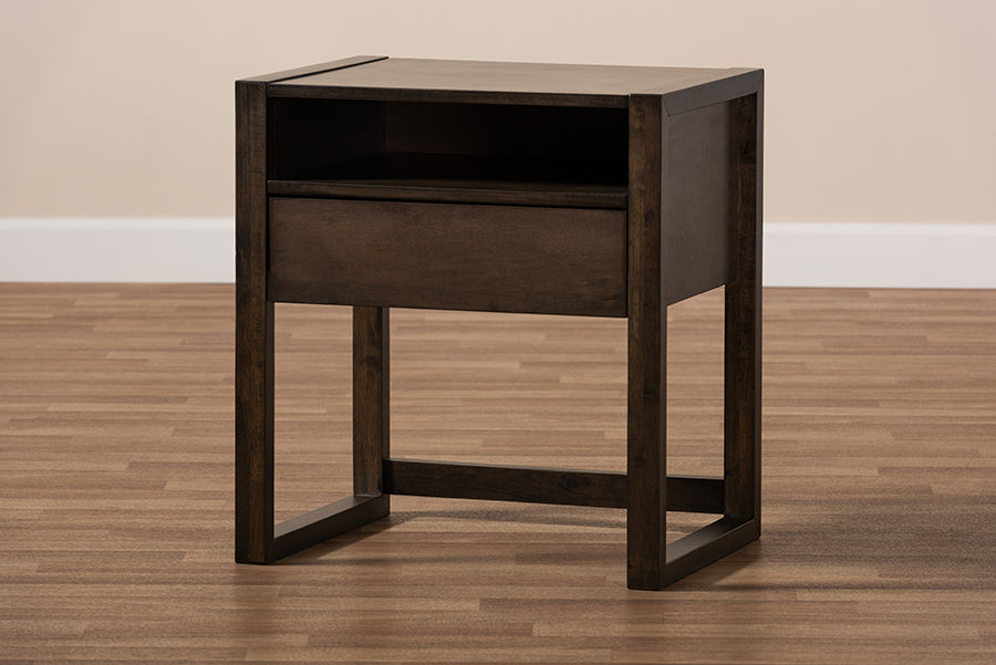 Baxton Studio Inicio Modern and Contemporary Charcoal Brown Finished 1-Drawer Wood Nightstand | Modishstore | Nightstands
