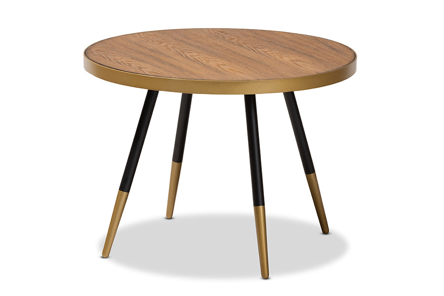 baxton studio lauro modern and contemporary round walnut wood and metal coffee table with two tone black and gold legs | Modish Furniture Store-2