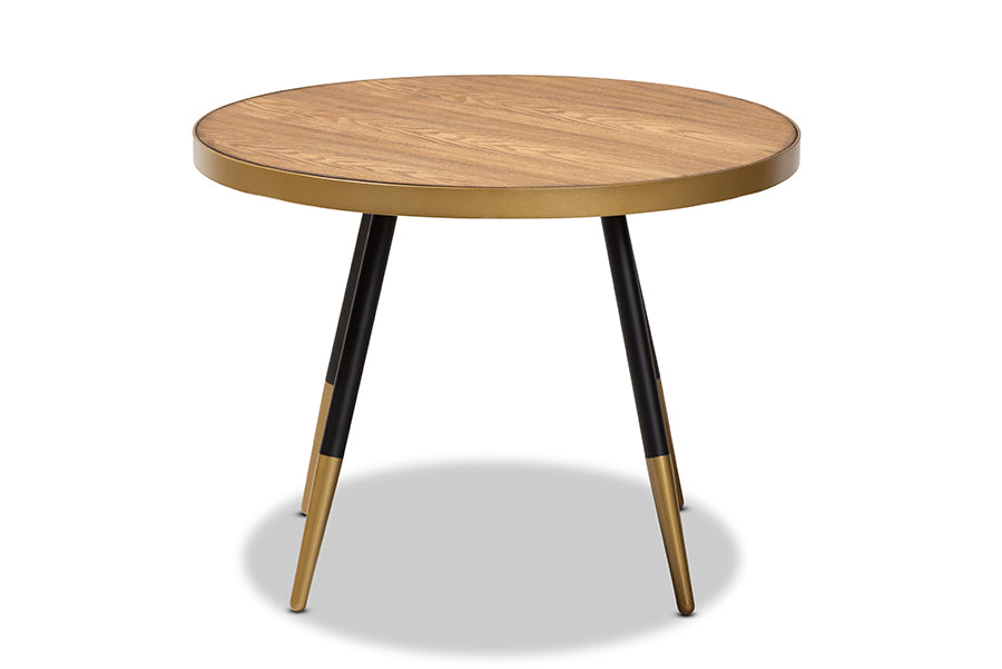 baxton studio lauro modern and contemporary round walnut wood and metal coffee table with two tone black and gold legs | Modish Furniture Store-3