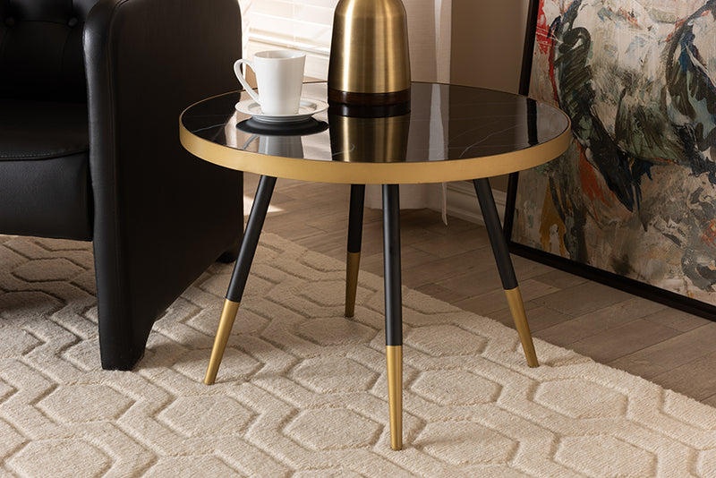 Baxton Studio Lauro Modern and Contemporary Round Glossy Marble and Metal Coffee Table with Two-Tone Black and Gold Legs | Modishstore | Coffee Tables