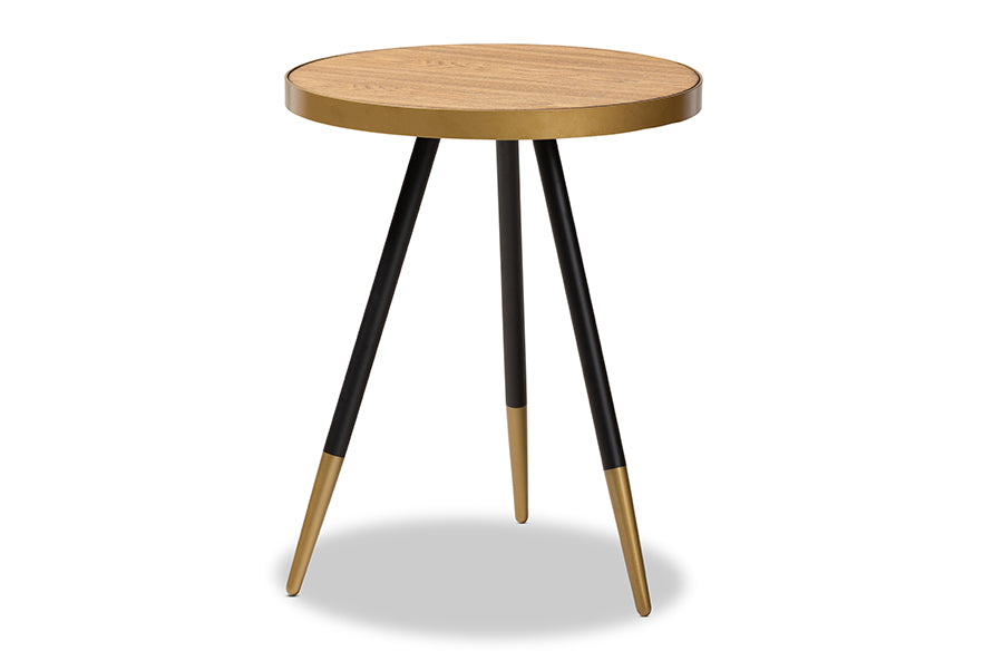 baxton studio lauro modern and contemporary round walnut wood and metal end table with two tone black and gold legs | Modish Furniture Store-2
