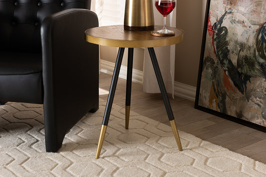 Baxton Studio Lauro Modern and Contemporary Round Walnut Wood and Metal End Table with Two-Tone Black and Gold Legs | Modishstore | End Tables