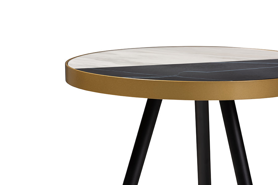 baxton studio lauro modern and contemporary round glossy marble and metal end table with two tone black and gold legs | Modish Furniture Store-3