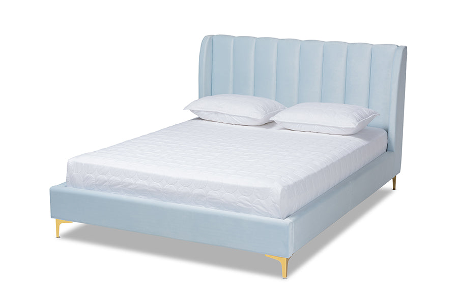 baxton studio saverio glam and luxe light blue velvet fabric upholstered queen size platform bed with gold tone legs | Modish Furniture Store-2
