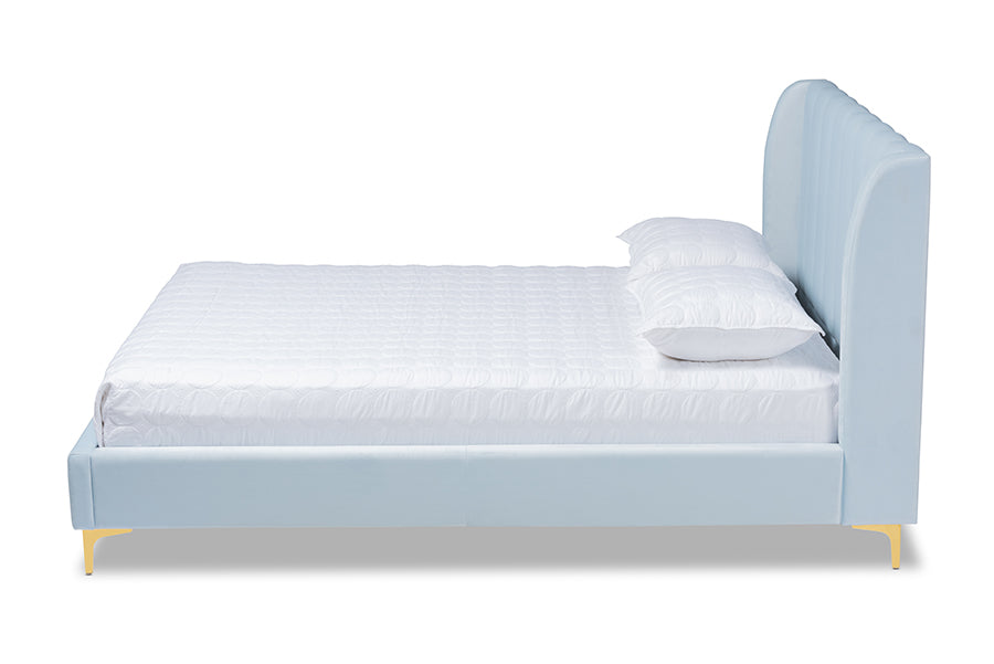 baxton studio saverio glam and luxe light blue velvet fabric upholstered queen size platform bed with gold tone legs | Modish Furniture Store-3