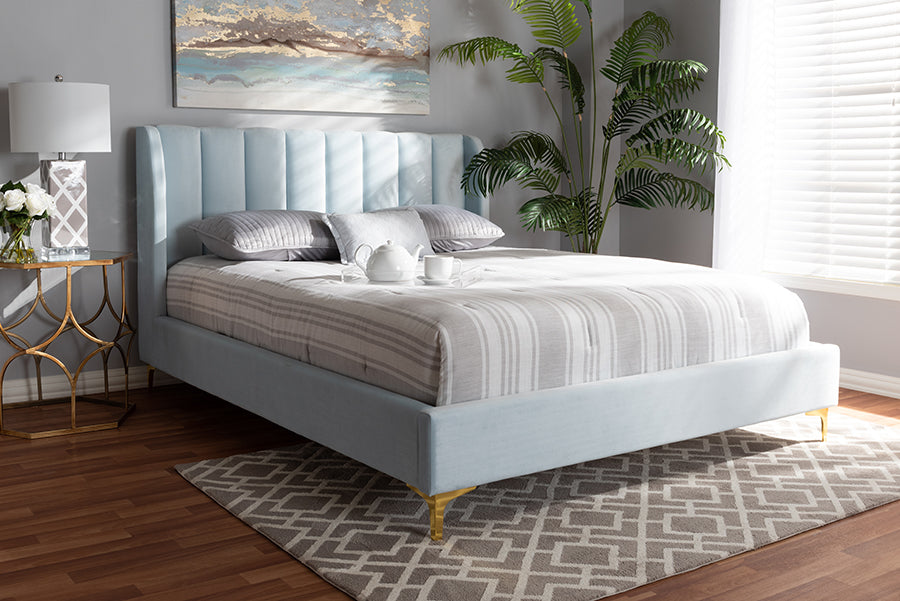 Baxton Studio Saverio Glam and Luxe Light Blue Velvet Fabric Upholstered Queen Size Platform Bed with Gold-Tone Legs | Modishstore | Beds