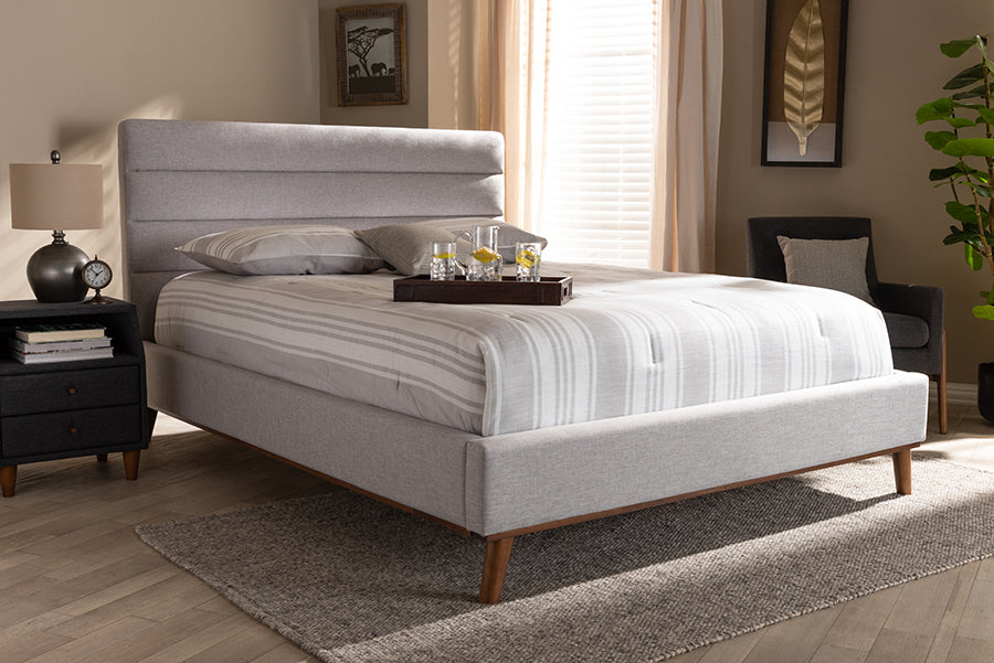 Baxton Studio Erlend Mid-Century Modern Greyish Beige Fabric Upholstered Queen Size Platform Bed | Modishstore | Beds