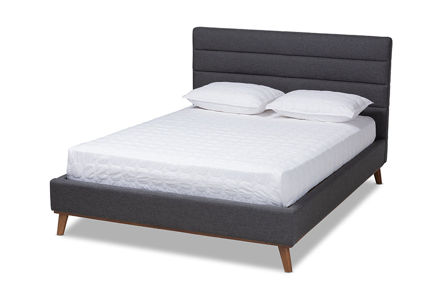 baxton studio erlend mid century modern dark grey fabric upholstered queen size platform bed | Modish Furniture Store-2