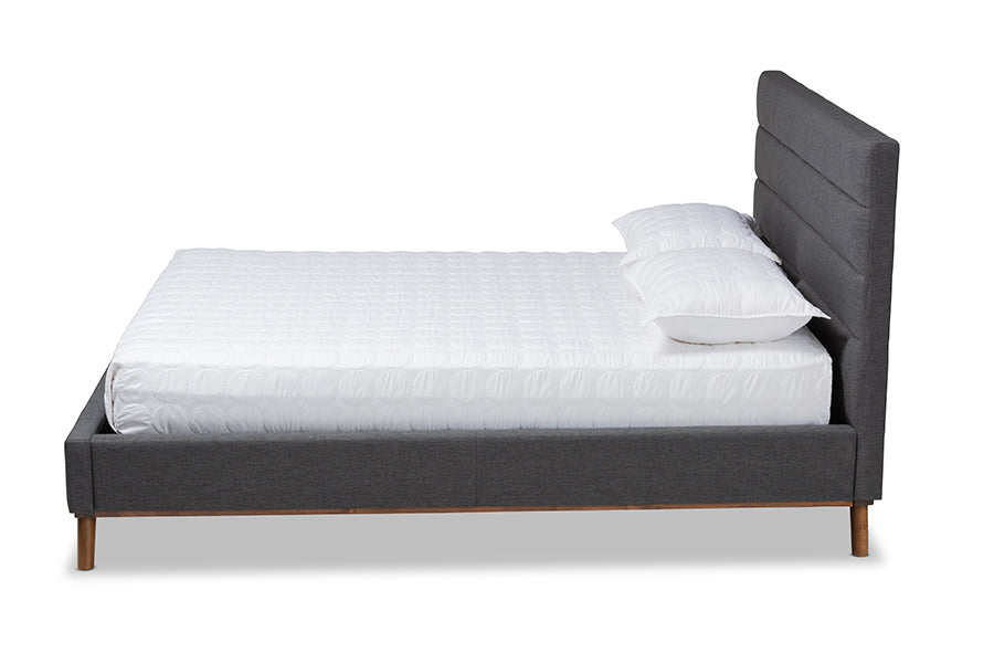 baxton studio erlend mid century modern dark grey fabric upholstered queen size platform bed | Modish Furniture Store-3