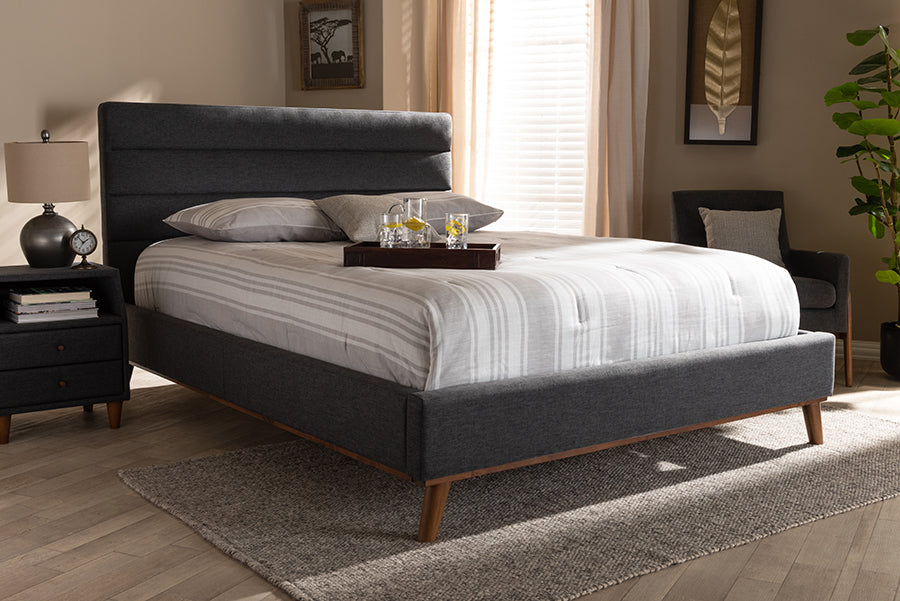 Baxton Studio Erlend Mid-Century Modern Dark Grey Fabric Upholstered King Size Platform Bed | Modishstore | Beds