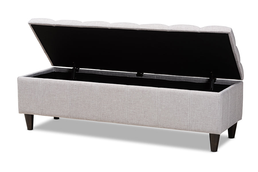 baxton studio brette mid century modern grayish beige fabric upholstered dark brown finished wood storage bench ottoman | Modish Furniture Store-3