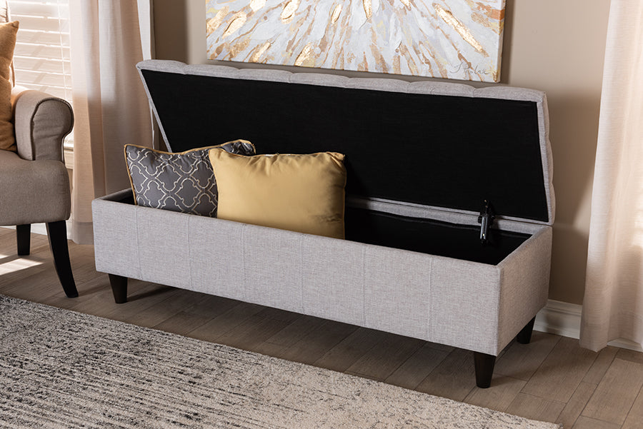 Baxton Studio Brette Mid-Century Modern Grayish Beige Fabric Upholstered Dark Brown Finished Wood Storage Bench Ottoman | Modishstore | Ottomans