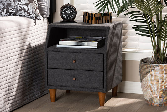 Baxton Studio Claverie Mid-Century Modern Charcoal Fabric Upholstered 2-Drawer Wood Nightstand | Modishstore | Nightstands