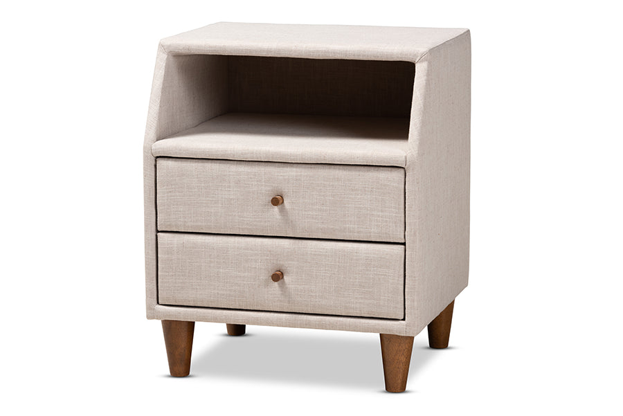 baxton studio claverie mid century modern beige fabric upholstered 2 drawer wood nightstand | Modish Furniture Store-2
