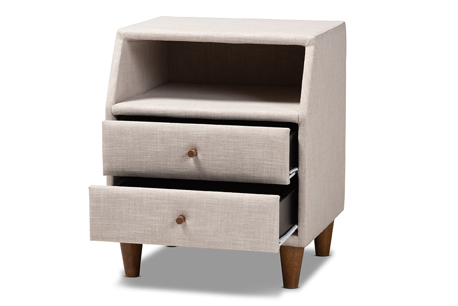 baxton studio claverie mid century modern beige fabric upholstered 2 drawer wood nightstand | Modish Furniture Store-3