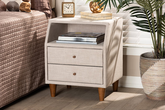 Baxton Studio Claverie Mid-Century Modern Beige Fabric Upholstered 2-Drawer Wood Nightstand | Modishstore | Nightstands