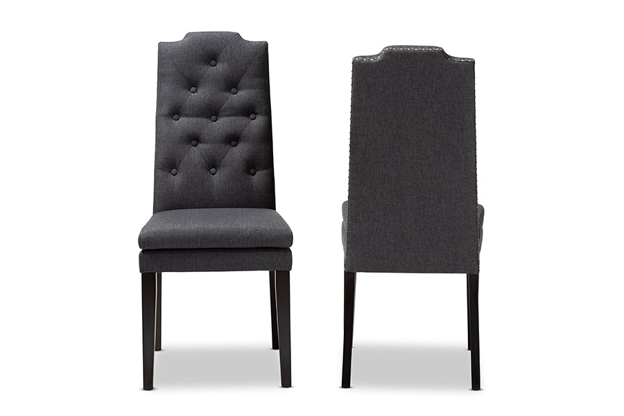 Baxton Studio Dylin Modern and Contemporary Charcoal Fabric Upholstered Button Tufted Wood Dining Chair Set of 2 | Modishstore | Dining Chairs - 3