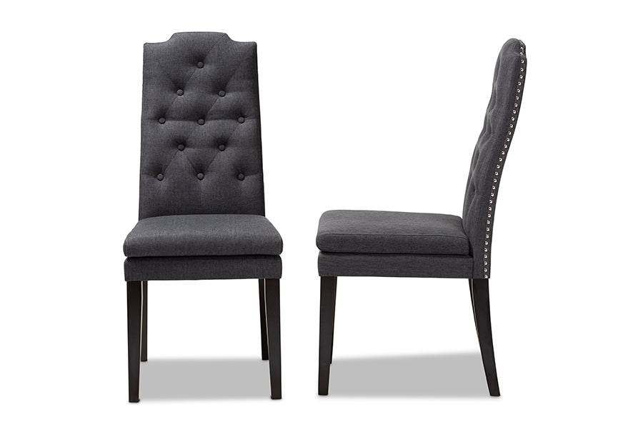 Baxton Studio Dylin Modern and Contemporary Charcoal Fabric Upholstered Button Tufted Wood Dining Chair Set of 2 | Modishstore | Dining Chairs - 2