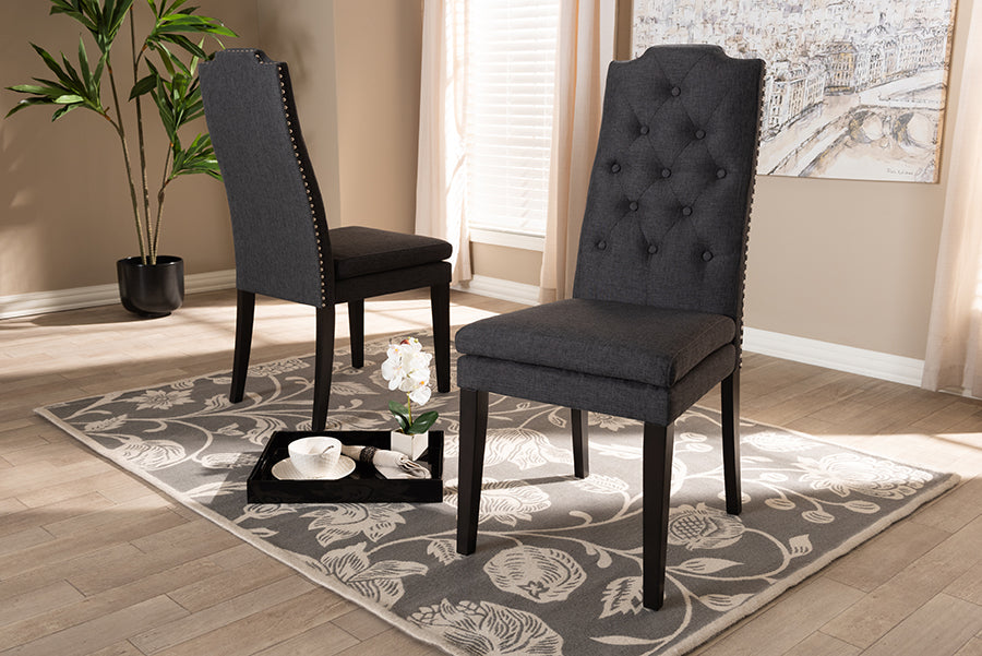 Baxton Studio Dylin Modern and Contemporary Charcoal Fabric Upholstered Button Tufted Wood Dining Chair Set of 2 | Modishstore | Dining Chairs