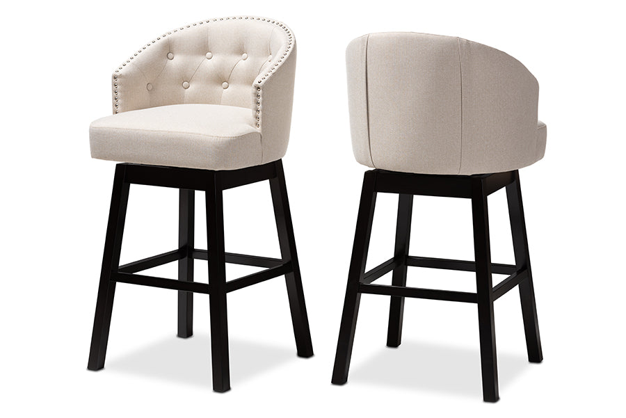 baxton studio theron transitional light beige fabric upholstered wood swivel bar stool set of 2 | Modish Furniture Store-2