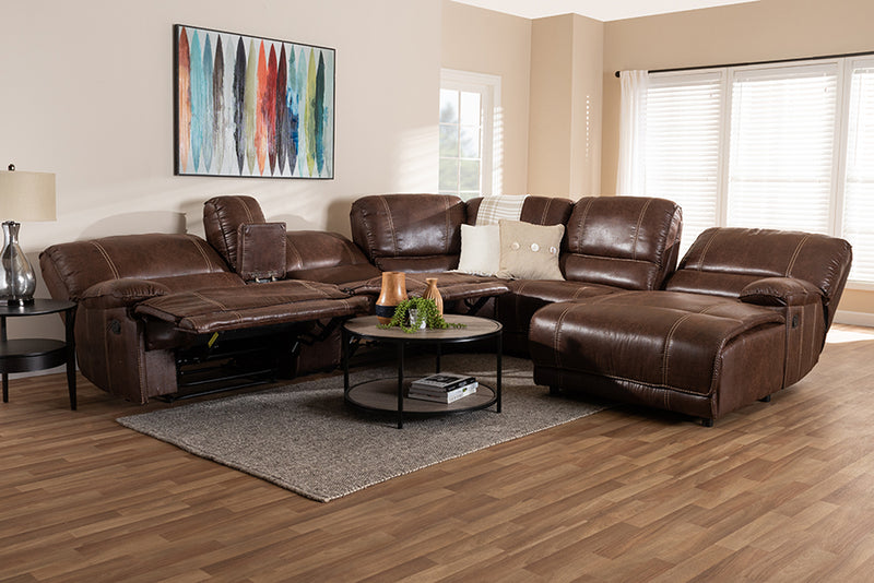 Baxton Studio Salomo Modern and Contemporary Brown Faux Leather Upholstered 6-Piece Sectional Recliner Sofa with 3 Reclining Seats | Modishstore | Chairs & Recliners