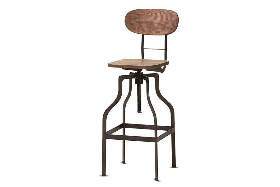 baxton studio varek vintage rustic industrial style wood and rust finished steel adjustable swivel bar stool | Modish Furniture Store-2