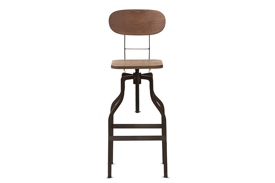 baxton studio varek vintage rustic industrial style wood and rust finished steel adjustable swivel bar stool | Modish Furniture Store-3