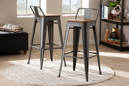 Baxton Studio Henri Vintage Rustic Industrial Style Tolix-Inspired Bamboo and Gun Metal-Finished Steel Stackable Bar Stool with Backrest Set | Modishstore | Bar Stools