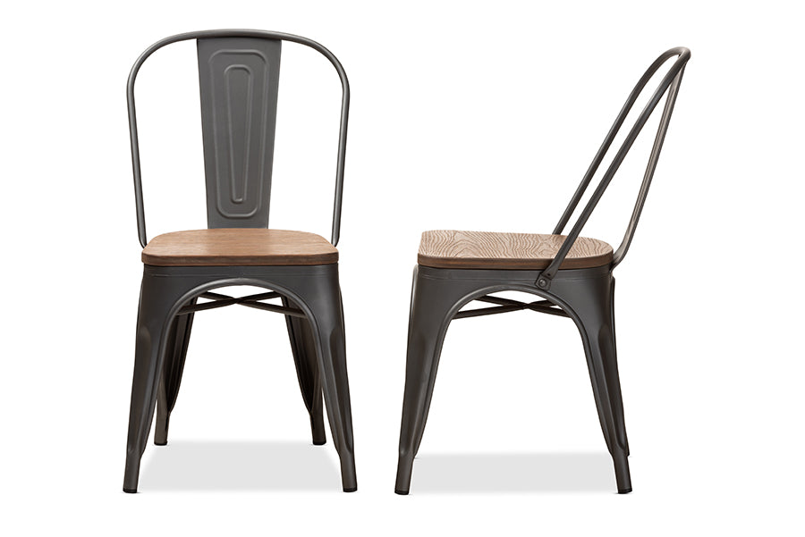 Baxton Studio Henri Vintage Rustic Industrial Style Tolix-Inspired Bamboo and Gun Metal-Finished Steel Stackable Dining Chair Set of 2 | Modishstore | Dining Chairs - 2