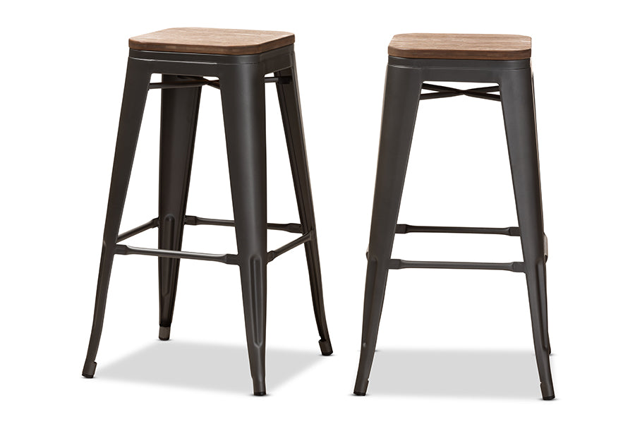 baxton studio henri vintage rustic industrial style tolix inspired bamboo and gun metal finished steel stackable bar stool set | Modish Furniture Store-3