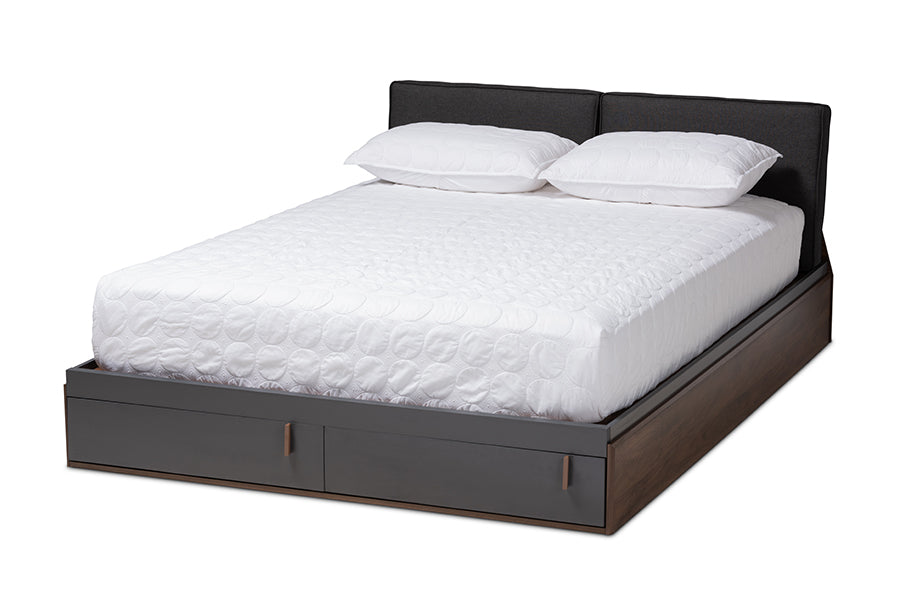 baxton studio rikke modern and contemporary two tone gray and walnut finished wood queen size platform storage bed with gray fabric upholstered headboard | Modish Furniture Store-2