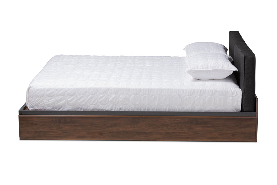 baxton studio rikke modern and contemporary two tone gray and walnut finished wood queen size platform storage bed with gray fabric upholstered headboard | Modish Furniture Store-3
