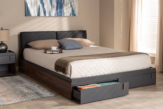 Baxton Studio Rikke Modern and Contemporary Two-Tone Gray and Walnut Finished Wood Queen Size Platform Storage Bed with Gray Fabric Upholstered Headboard | Modishstore | Beds