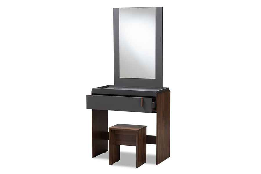 baxton studio rikke modern and contemporary two tone gray and walnut finished wood bedroom vanity with stool | Modish Furniture Store-3