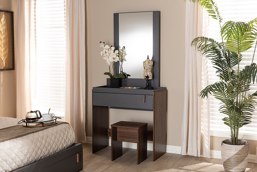 Baxton Studio Rikke Modern and Contemporary Two-Tone Gray and Walnut Finished Wood Bedroom Vanity with Stool | Modishstore | Bedroom Sets
