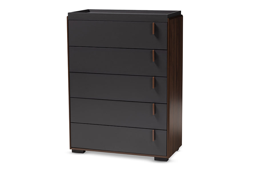 baxton studio rikke modern and contemporary two tone gray and walnut finished wood 5 drawer chest | Modish Furniture Store-2