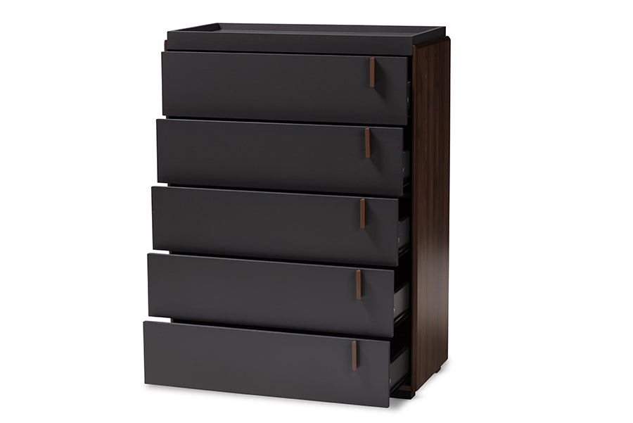 baxton studio rikke modern and contemporary two tone gray and walnut finished wood 5 drawer chest | Modish Furniture Store-3